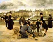 Дети с продавцом игрушек на набережной Лувра